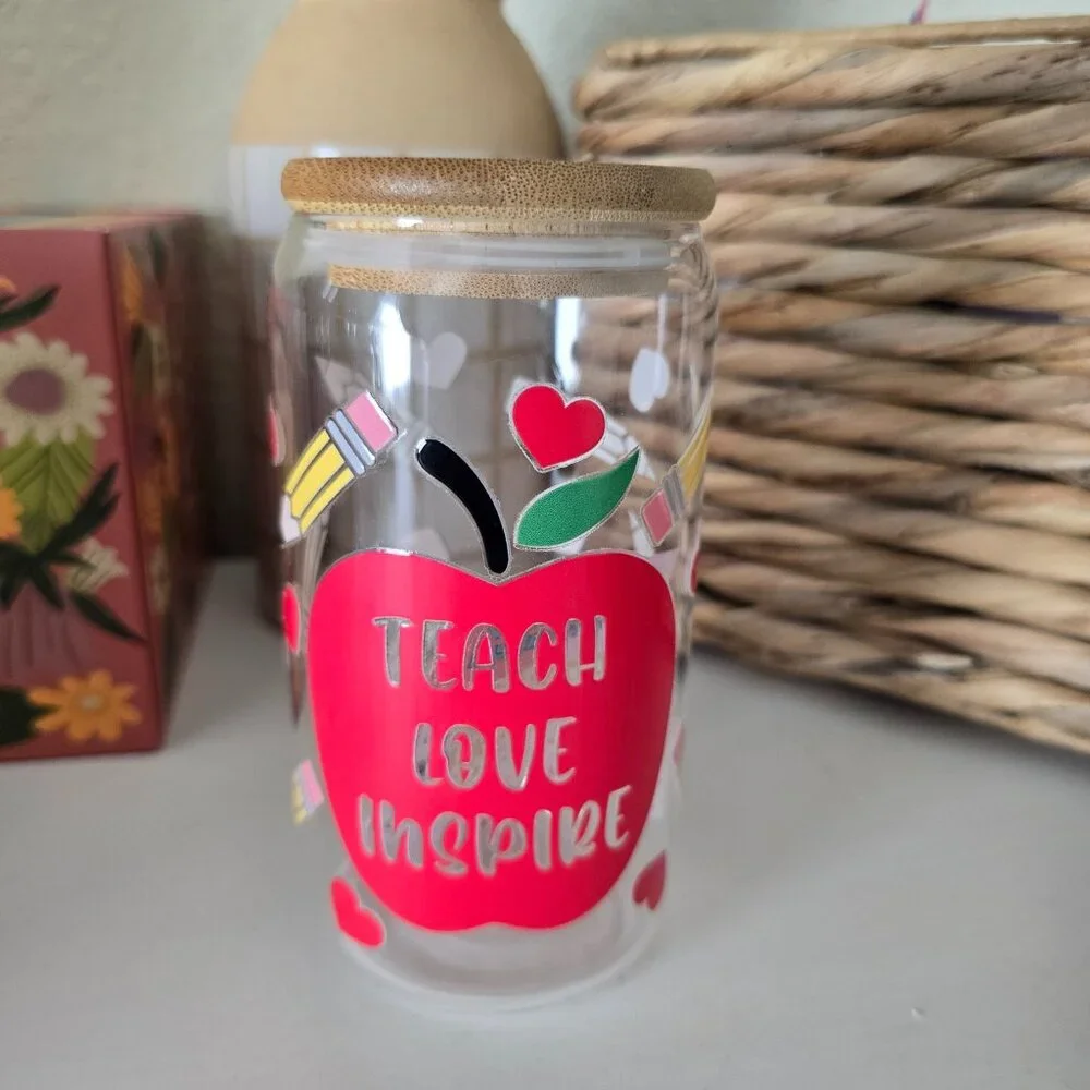 Teacher Glass Cup Tumbler 16oz UV DTF Wrap NEW